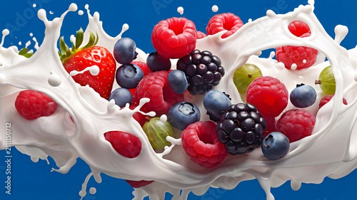 Fruits and milk splash with colorful berries and strawberries flying in the air against a blue background