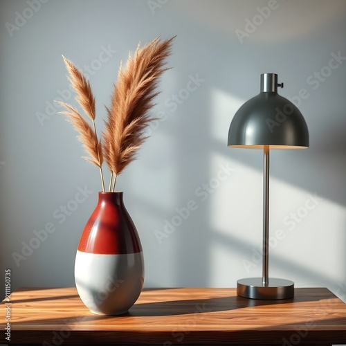A red and white ceramic vase holding tall dried pampas grass stands beside a modern black table lamp. Natural sunlight casts soft shadows across the wall, creating a balanced composition with warm, co