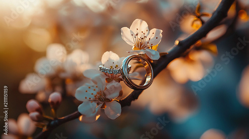 Diamond rings hang delicately from the branch of a flowering tree during the golden hour.