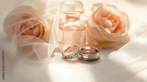 Wedding rings rest elegantly on a soft fabric surface next to a glass perfume bottle and roses.