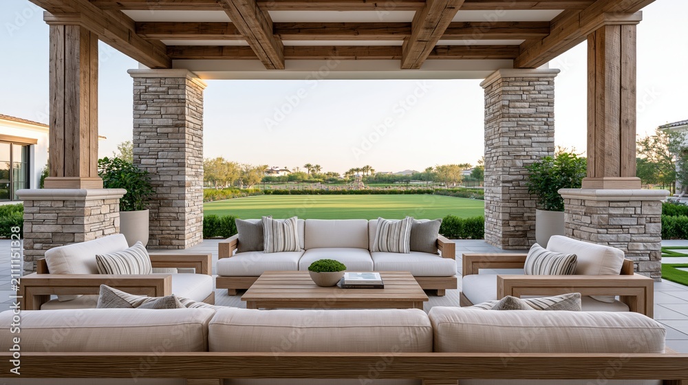 Obraz premium Elegant outdoor patio lounge with comfortable seating and picturesque golf course view