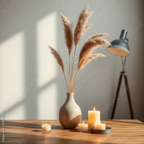 A bright and airy home décor setup featuring a cream ceramic vase with tall dried pampas grass placed beside a glowing candle and a modern tripod floor lamp. Sunlight streaming through the window crea