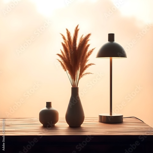 A clean and modern tabletop arrangement showcasing a dark ceramic vase filled with dried pampas grass beside a matching decorative bottle and a sleek black table lamp. The warm neutral background enha