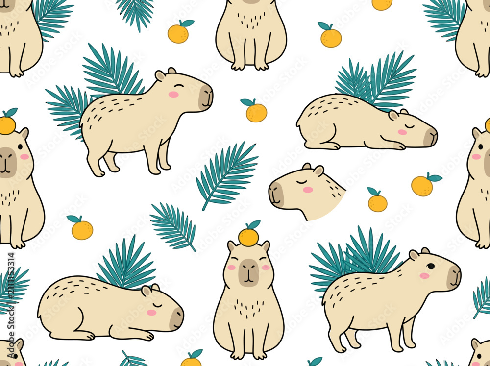 Naklejka premium Cute Capybara Seamless Pattern with Oranges and Palm Leaves for Textile and Wallpaper