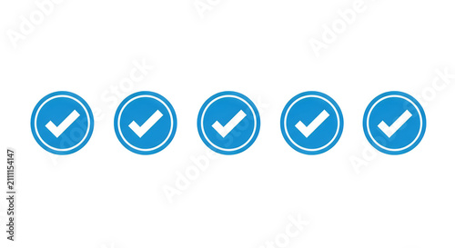 A series of blue checkmarks aligned horizontally, each enclosed in a circular outline, symbolizing confirmation or approval