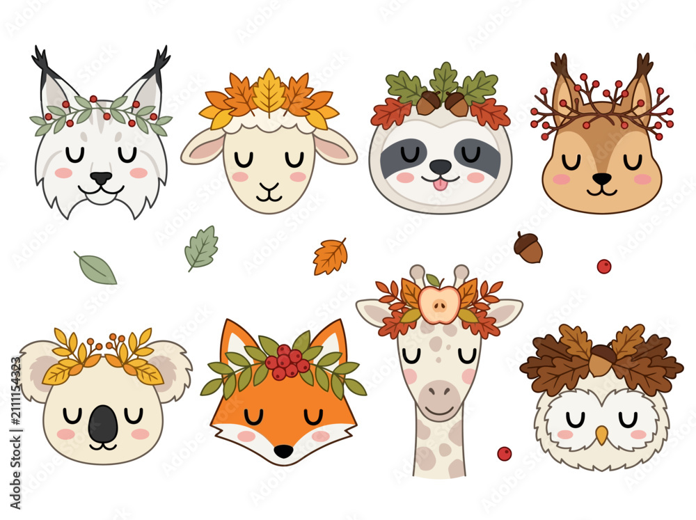 Fototapeta premium Cute cartoon animal heads with autumn leaf crowns on white background. Includes fox, owl, squirrel, and giraffe for fall-themed projects.
