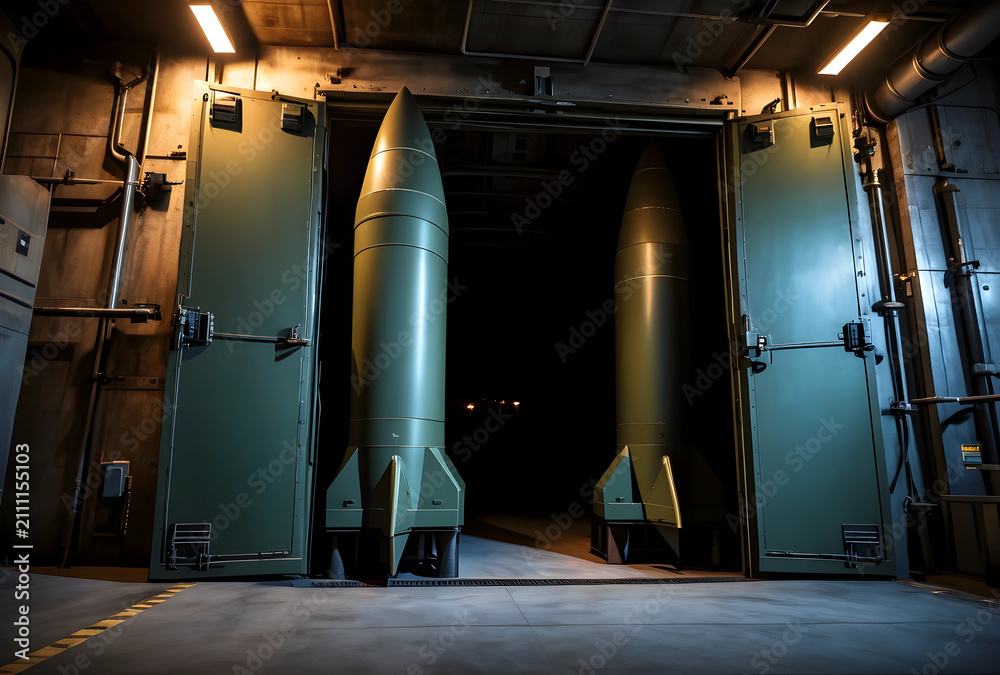 Obraz premium Two ballistic missiles in underground storage with open metal doors