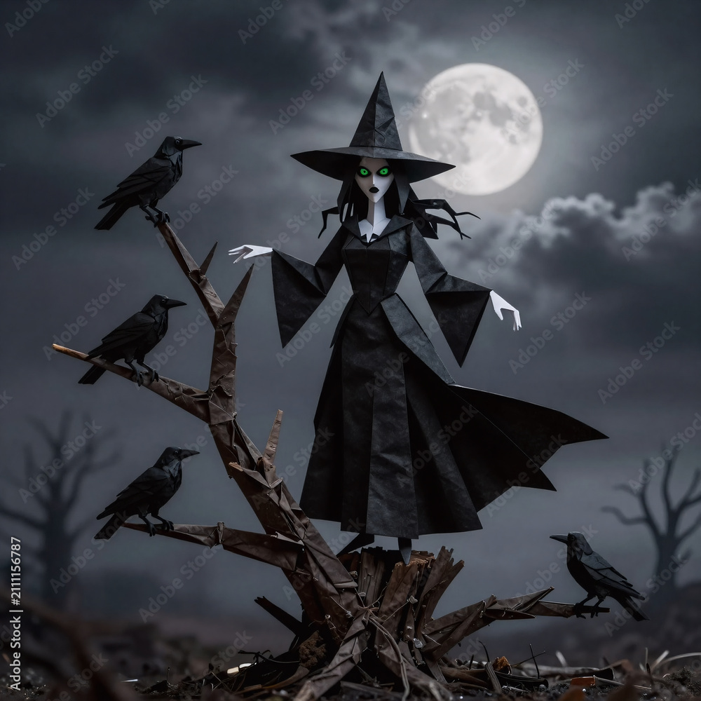 Fototapeta premium Origami Crow Autumn. A Spooky Halloween Witch Hovers Over A Dead Tree, Surrounded By Crow Birds And A Full Moon In The Midst Of Cloudy Skies