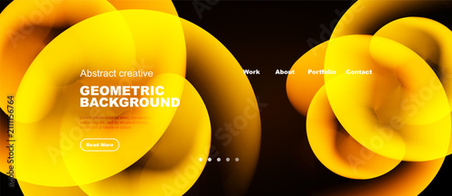 Abstract yellow design. Overlapping circles create dynamic background. Text elements present, navigation visible. Modern aesthetic.