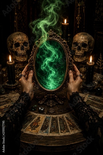 Mysterious gothic ritual surrounded by enigmatic emerald smoke embracing mysticism and spirituality