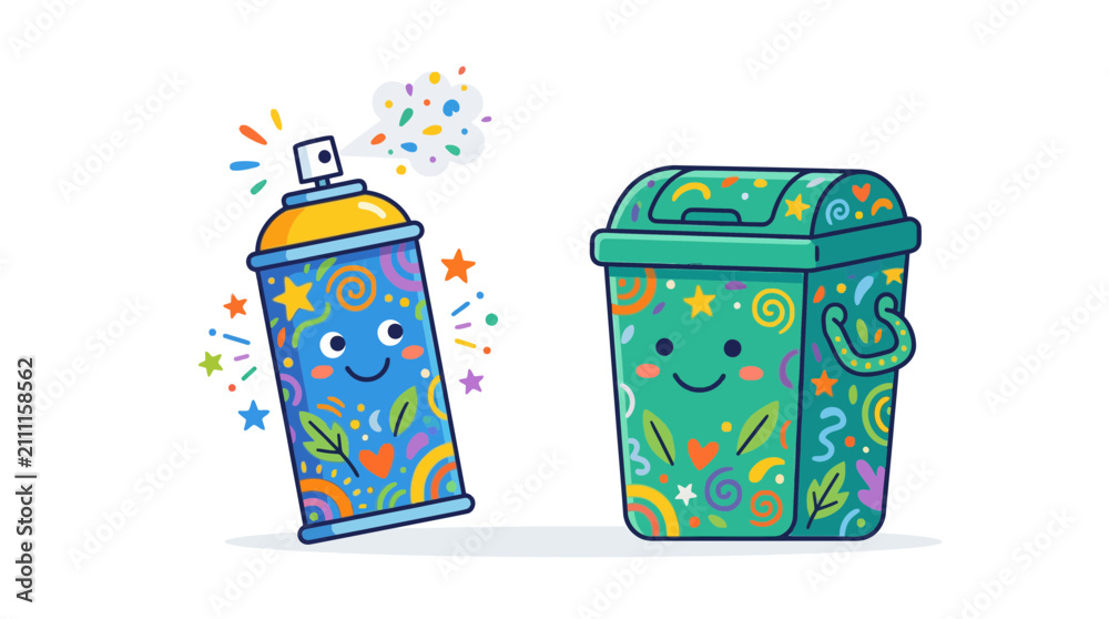 Obraz premium Cute Spray Paint Can and Trash Bin with Happy Faces, Colorful Graffiti Art