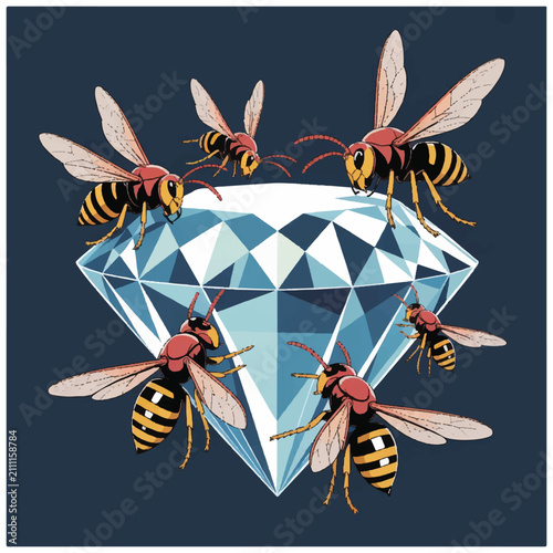 Wasps crawling on large diamond gemstone.