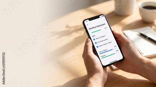 Hands holding smartphone showing workflow dashboard app with tasks and progress tracking