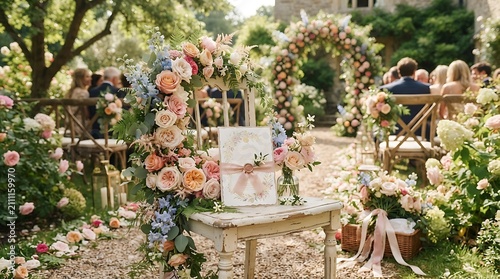 Elegant floral wedding ceremony setup in a lush garden
