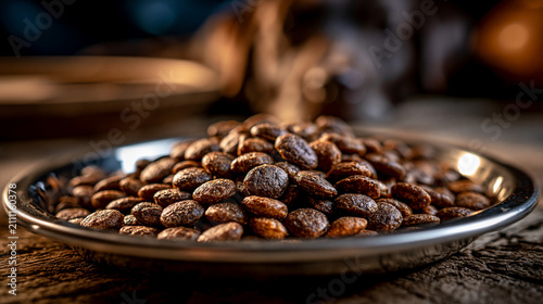 Roasted coffee beans piled on a metallic tray ready for grinding and brewing