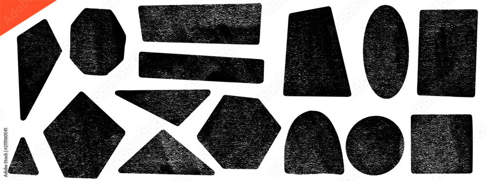 Naklejka premium Grunge geometric shapes with rough ink and linocut grain texture. Dark grunge shape set with brush frame including triangle, diamond, arch and oval. Hand drawn vector elements for sticker and tag