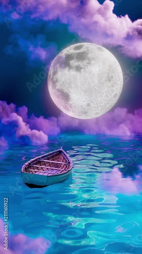 Moonlit Tropical Ocean with Boat Seamless Fantasy Loop Animation