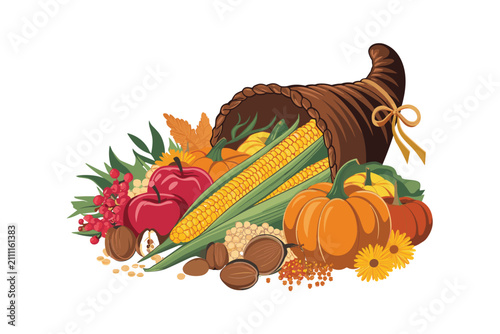 Thanksgiving cornucopia vector illustration featuring autumn harvest pumpkins yellow corn cobs red apples and fallen leaves on a white background