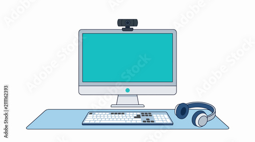 Computer monitor with keyboard and headphones.