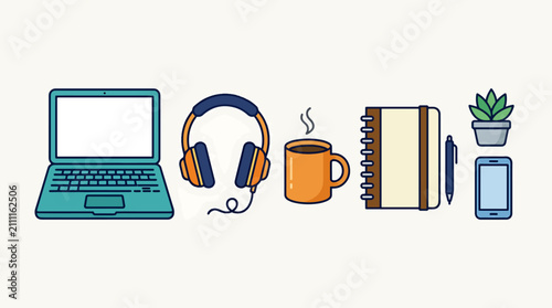 Laptop computer with office supplies.