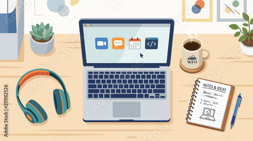 Laptop on a wooden desk.