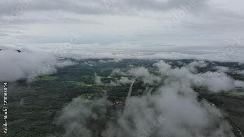 Aerial drone view flying over thick morning fog covering green forest landscape.Cinematic shot of drone flying above mystical morning mist and sunrise.flight above white clouds and fog in valley