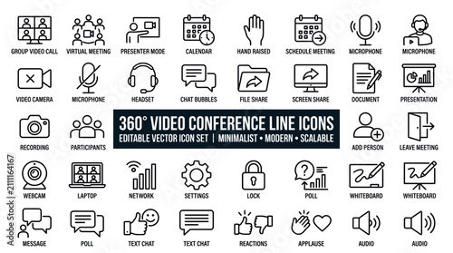 Schilderij op canvas 360° Editable Line Video Conference Icons Set for Online Meetings, Remote Work,