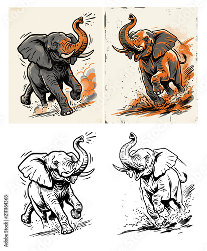 Set of charging elephant illustrations in dynamic vintage tattoo style