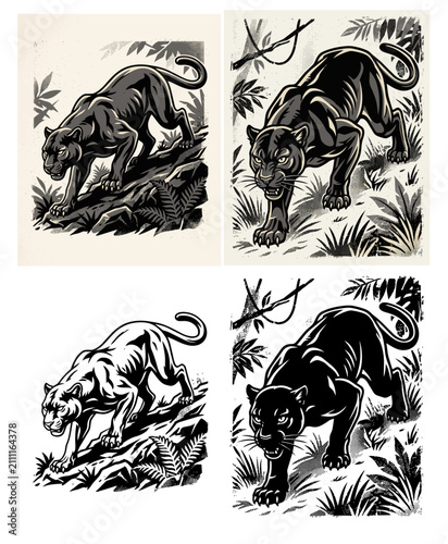 Set of stalking black panther illustrations in vintage tattoo and engraving style