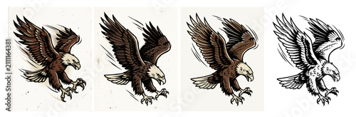 Set of flying eagle illustrations with spread wings in vintage engraving style