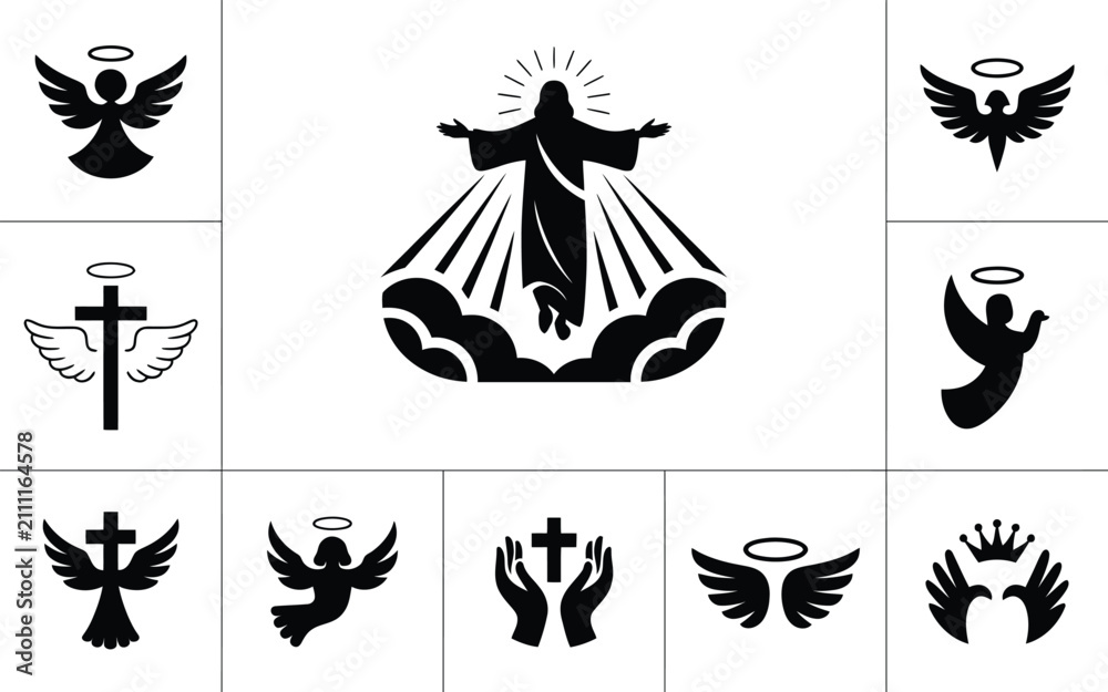 Fototapeta premium Black silhouettes of christian religious symbols with silhouettes depicting various angels white background collection black christianity spirituality religion graphic cross jesus with wings