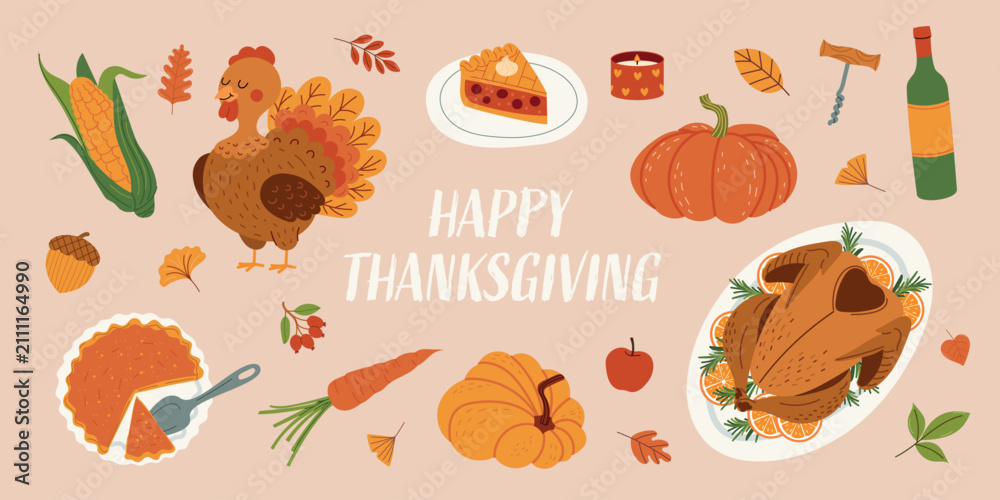 Fototapeta premium Happy Thanksgiving collection with turkey, roast dinner, pumpkin pie, pumpkins, autumn leaves and harvest food. Seasonal holiday vector set isolated on white background.