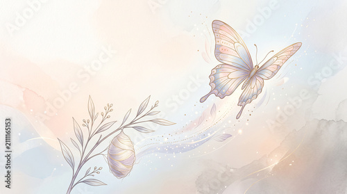 metamorphosis watercolor art cocoon transforming into butterfly with gold accents