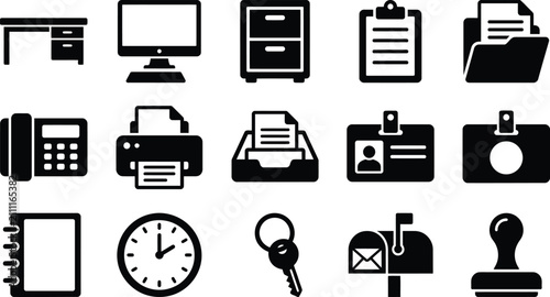 Office supplies and equipment icons for business and productivity