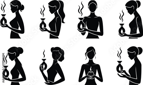 Fotografie Collection of diverse female silhouettes holding aromatherapy diffusers releasin