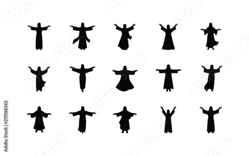 Fotografia Collection of jesus christ silhouettes with outstretched arms with set against w