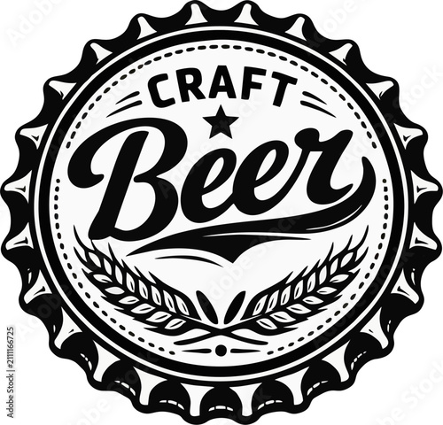 Foto Craft Beer Bottle Cap Logo — Bold Black and White Vector Badge with Script Lette