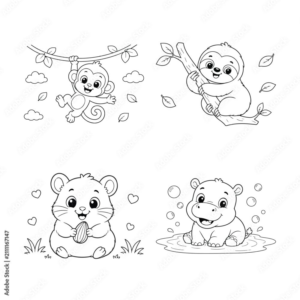 Fototapeta premium Cute Cartoon Animals Playing and Enjoying Nature Featuring Monkey, Sloth, Hamster with Hippo and Tree Elements for Branch, Leaves