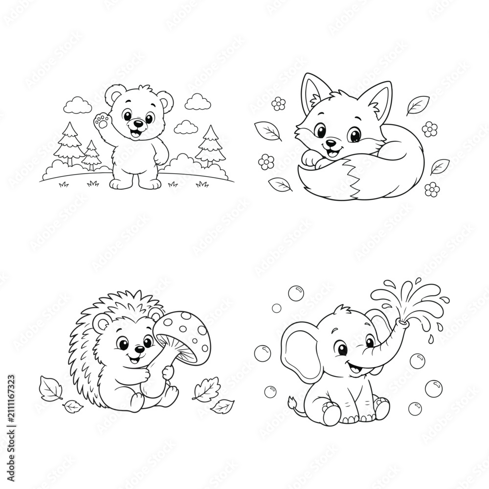 Obraz premium Animals Cartoon Illustration Featuring a Bear, Fox, Hedgehog, and Elephant in a Playful Scene Featuring Cute, Nature, Forest
