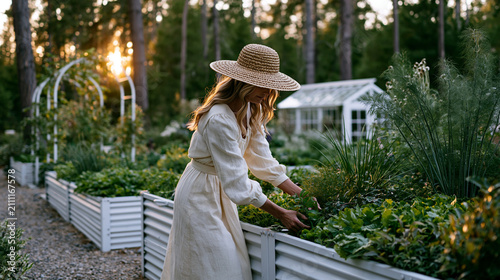A serene backyard cottage garden scene. A woman tends to large white metal raised beds filled with thriving leafy greens, herbs, and tall feathery plants. She wears a soft cream co