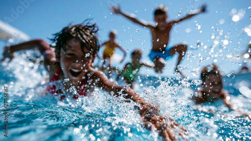 Four children are swimming in a bright outdoor pool on a sunny summer day, one child with dark hair wearing red swimwear is mid-splash doing a freestyle stroke, another child in bl