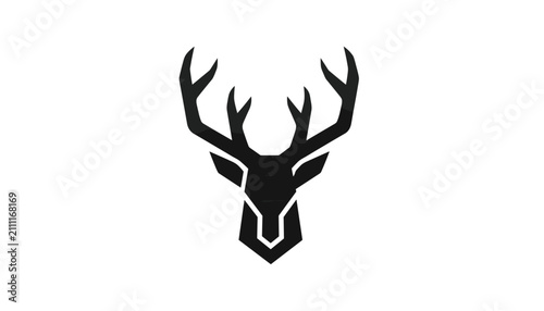 Stylized geometric black deer head icon with large antlers and strong lines isolated on a plain white background.