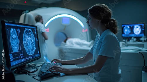 A focused medical professional intently analyzes an MRI scan on a computer monitor within a modern radiology suite.