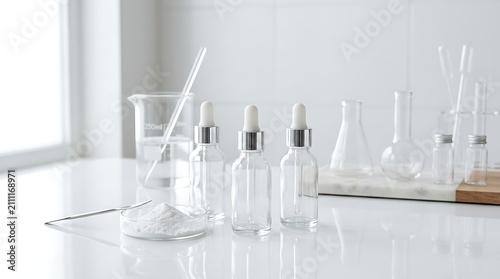 Glass dropper bottles and laboratory equipment with chemical powder in a bright scientific lab. allantoin