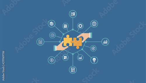Abstract business concept illustration showing two hands putting yellow puzzle pieces together in a network loop.