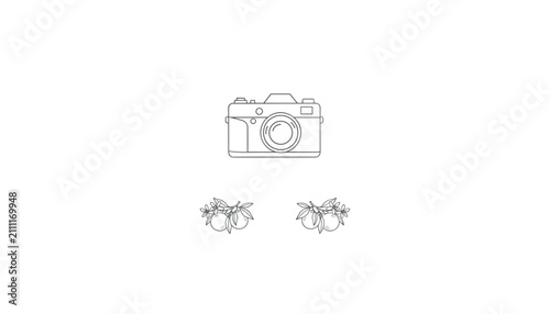 Minimal line art illustration of a vintage camera with two decorative orange branch doodles underneath.