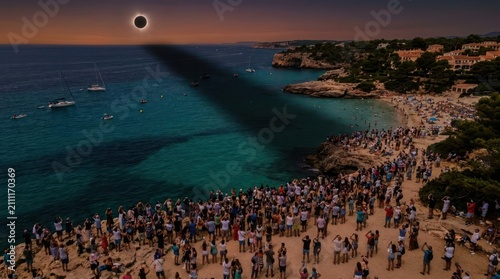 Crowds watching total solar eclipse over coastal beach.