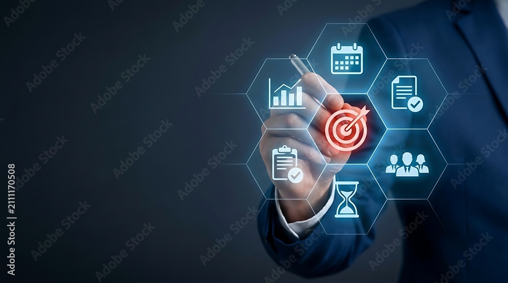 Fototapeta premium Businessman interacting with futuristic digital business strategy interface and management icons