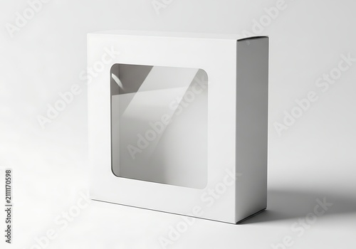 Blank white square cardboard box with a clear plastic window for retail product packaging display