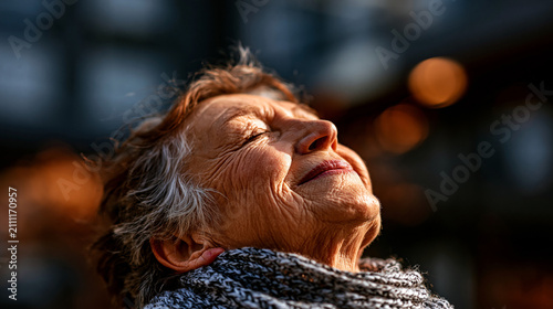 Senior woman relaxing with eyes closed basking in warm sunlight relaxation sunlight
